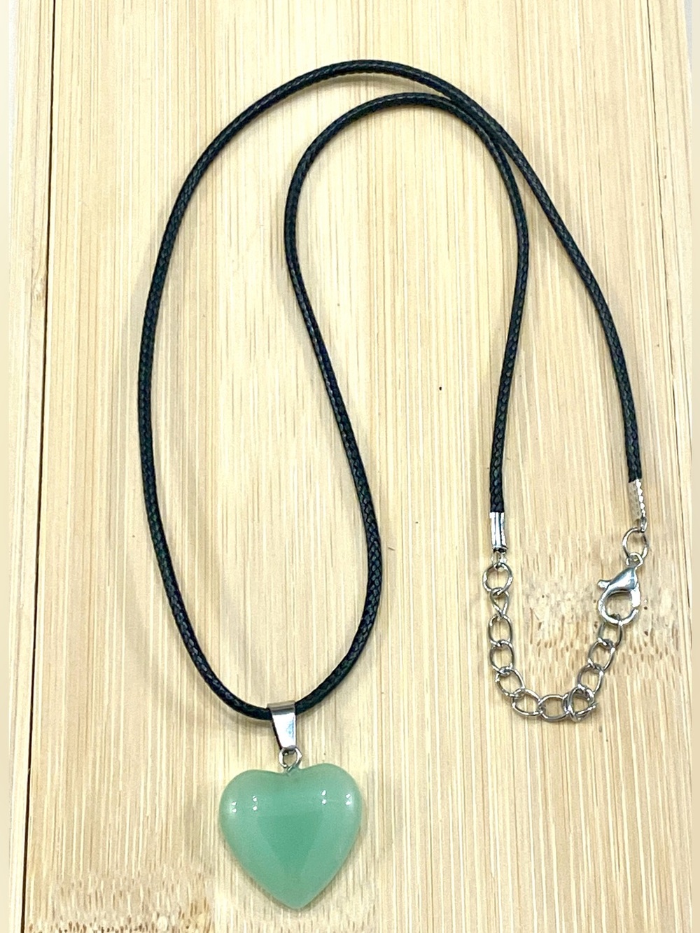 Mint Green Heart Pendant Necklace on Black Cord